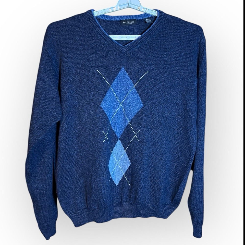 Men's Argyle Sweater Y2K Blue 2XL Dad Grandpacore Academia Van Heusen‎ Diamond